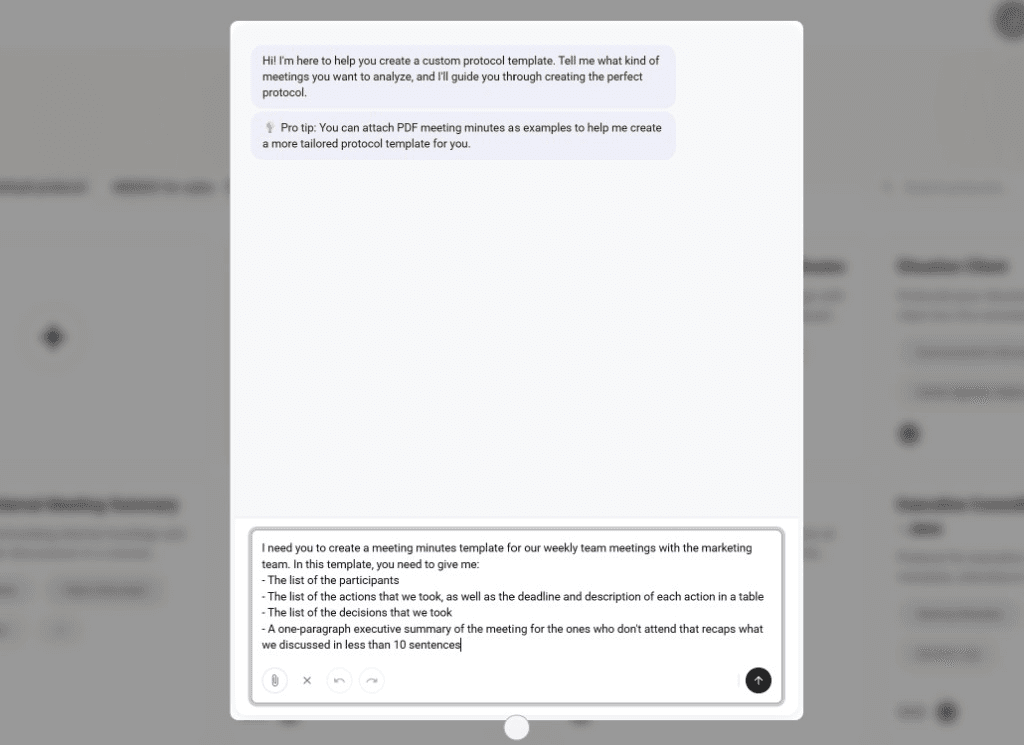 AI assistant chat where a user describes what they need in their protocol template