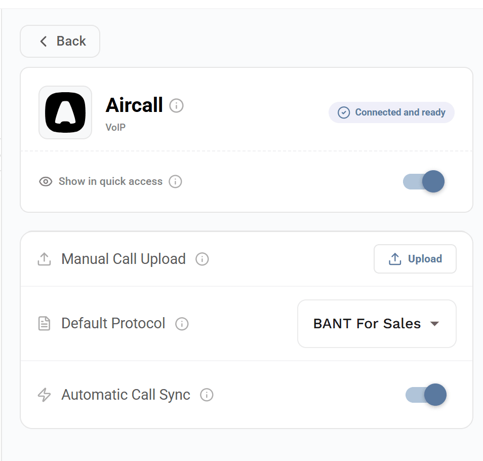 Aircall connected settings showing protocol selection and automatic sync