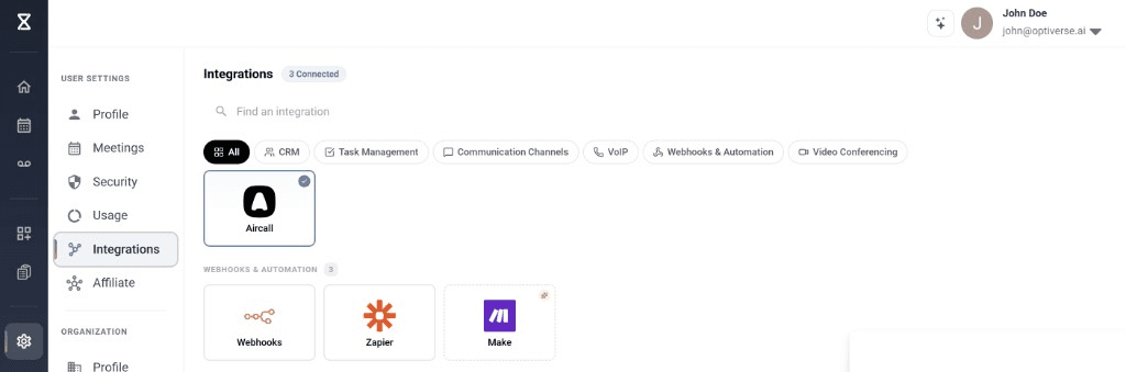 Aircall on the integrations page under VoIP