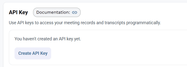 API key creation in profile settings