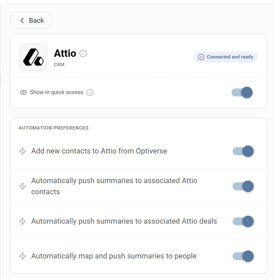 Attio connected settings showing automation preferences