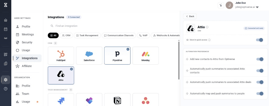 Attio integration page showing the Connect button and available automations