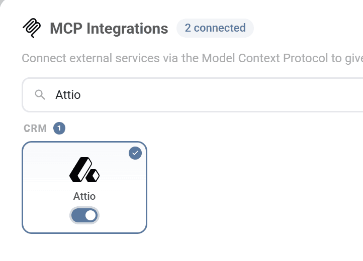 MCP Integrations popup showing Attio option