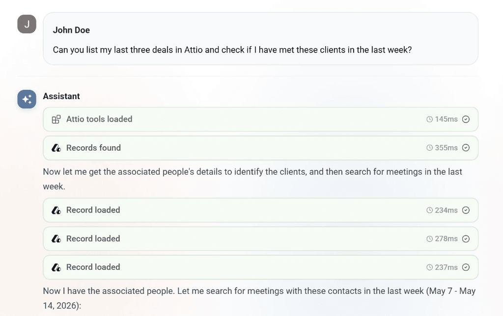 Assistant querying Attio deals and cross-referencing with meeting data