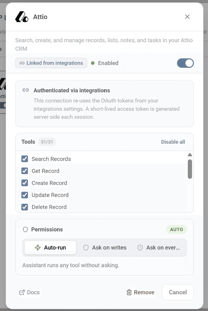 Attio MCP integration showing 31 tools and permissions