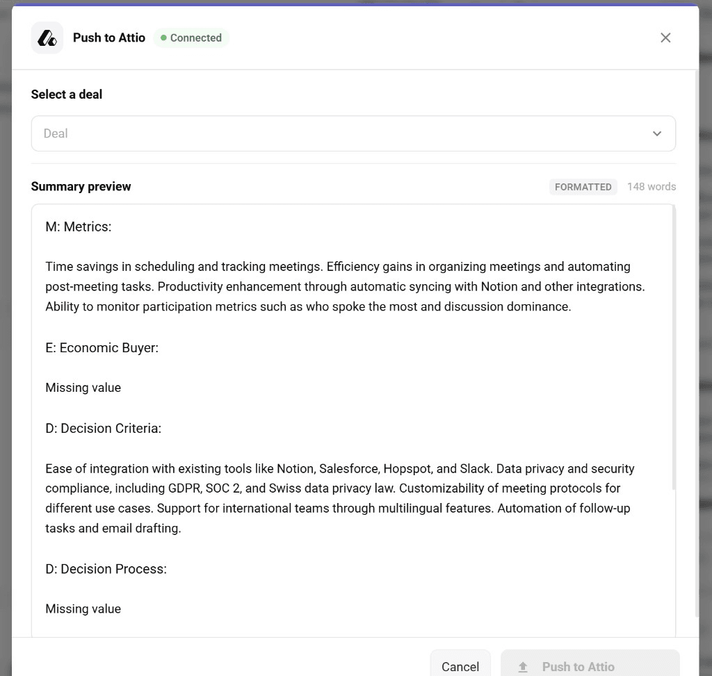 Push to Attio dialog showing deal selection and formatted summary preview