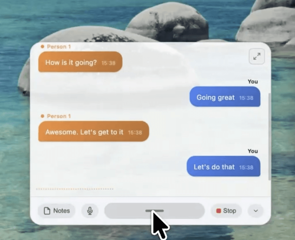 Capture live transcription view showing speaker-attributed messages with timestamps and the Stop button to end the session