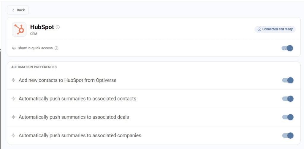 HubSpot connected settings showing automation preferences