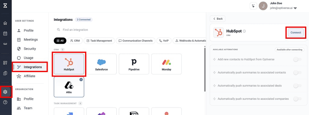 HubSpot integration page showing the Connect button