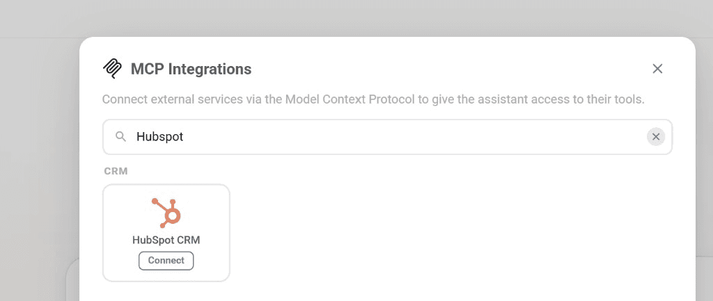 MCP Integrations popup showing HubSpot CRM option