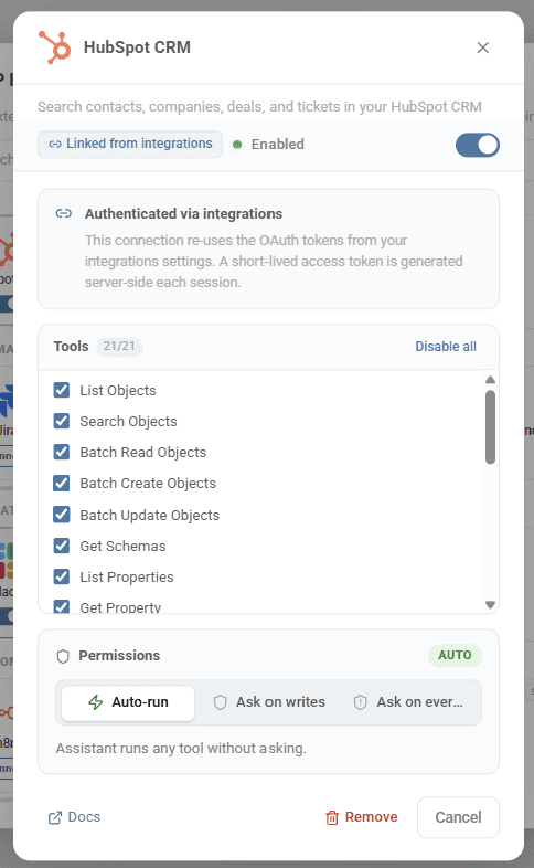 HubSpot MCP integration showing tools and permissions