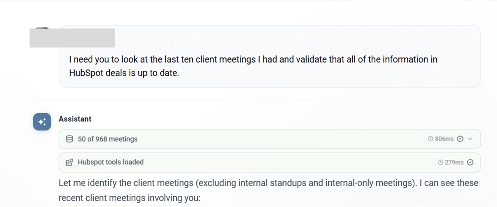 Optiverse AI validating HubSpot deals against recent meetings