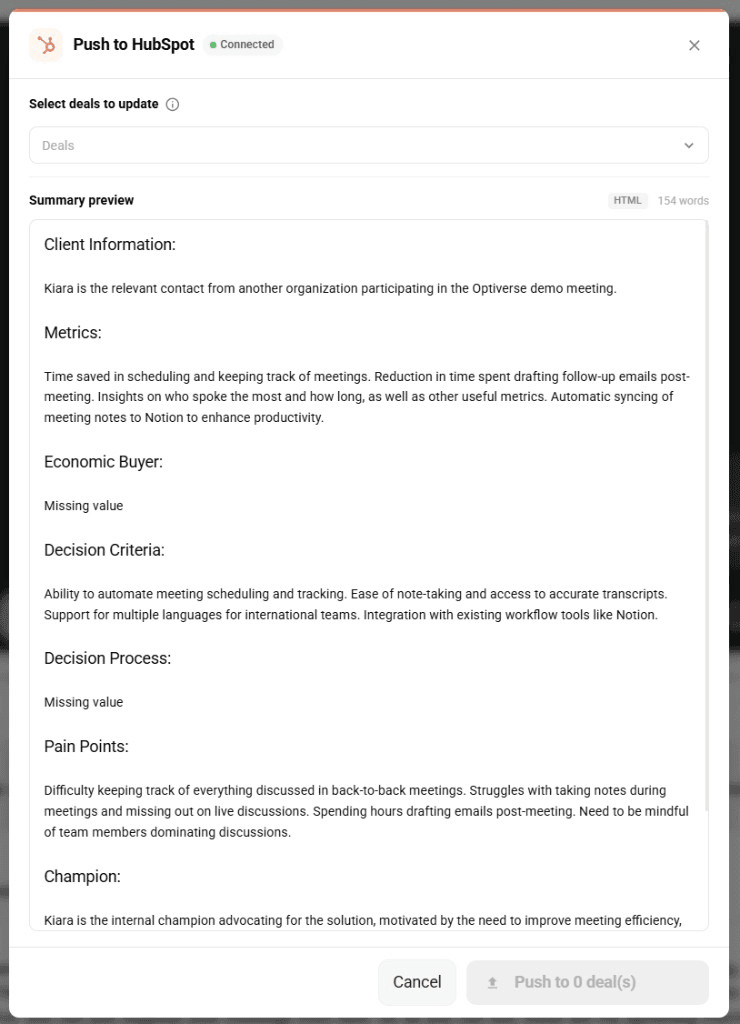 Push to HubSpot dialog showing summary preview and deal selection