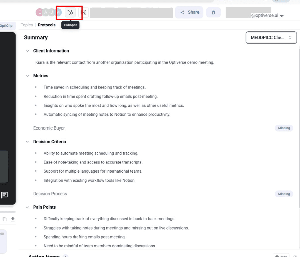 HubSpot icon in quick access on the meeting recording page