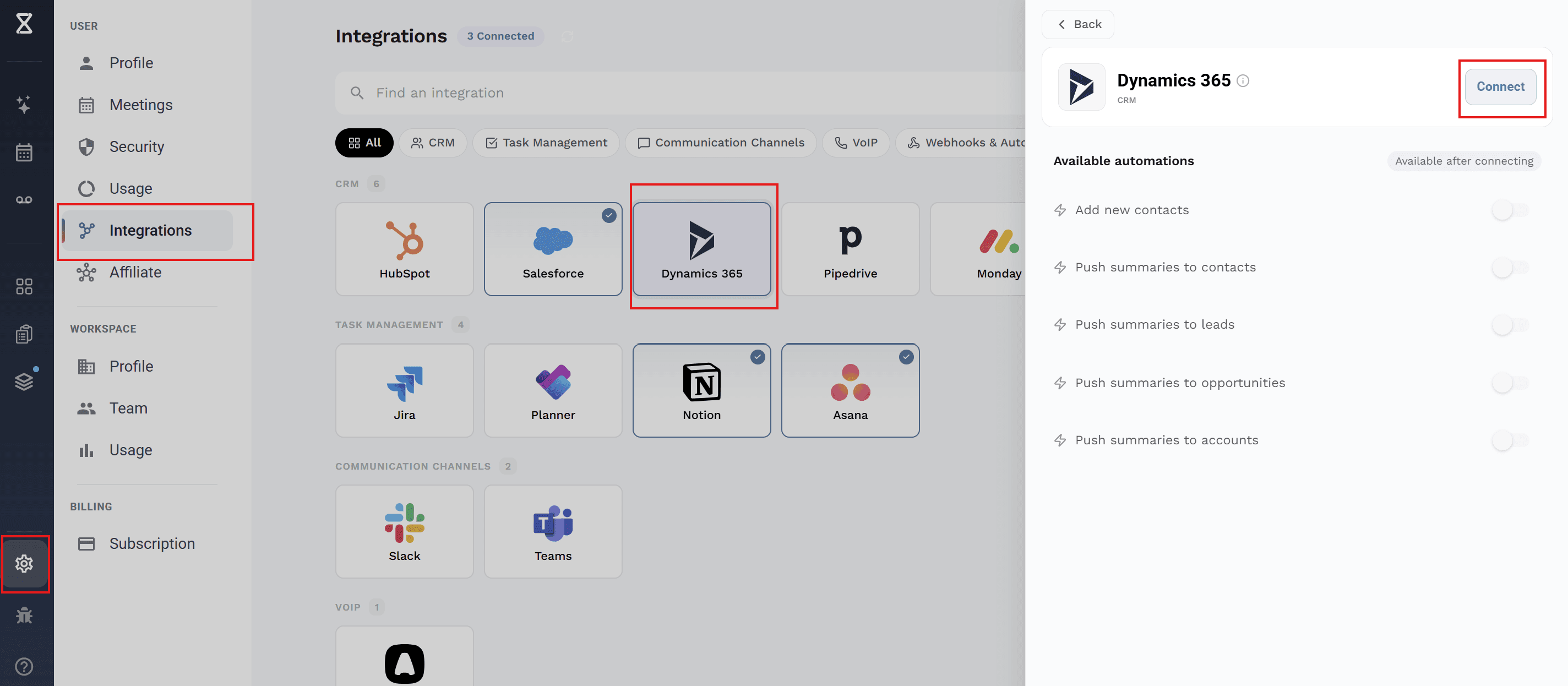 Dynamics 365 selected in the Integrations page with the Connect button in the side panel