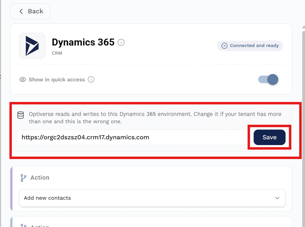 Connected Dynamics 365 panel showing the environment URL field and the Save button