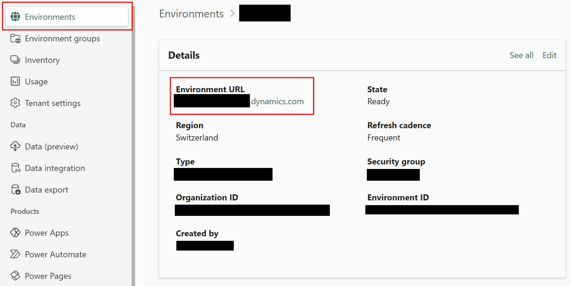 Power Platform admin center environment details with the Environment URL highlighted