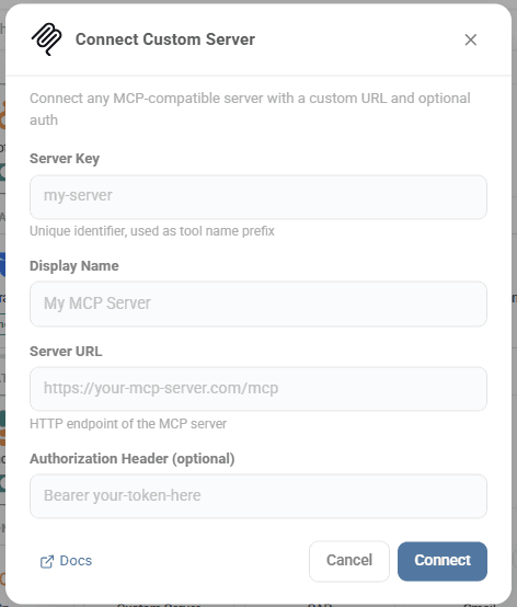 Custom MCP server connection dialog showing Server Key, Display Name, Server URL, and Authorization Header fields