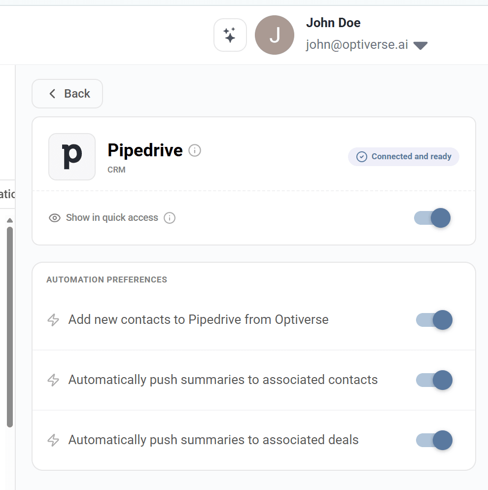 Pipedrive connected settings showing automation preferences