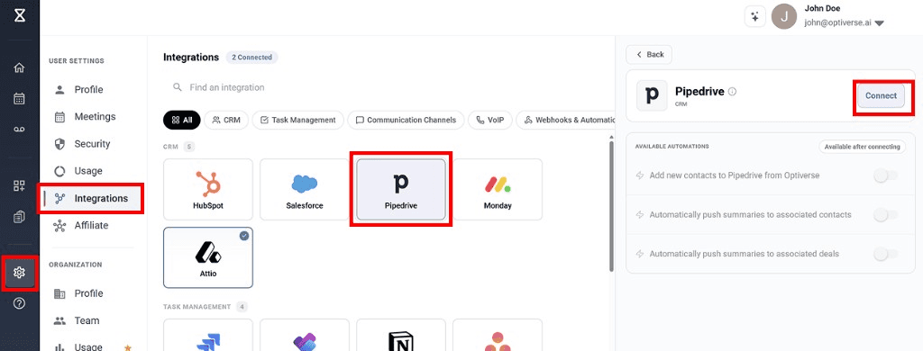Pipedrive integration page showing the Connect button and available automations
