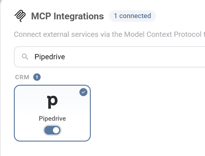 MCP Integrations popup showing Pipedrive option
