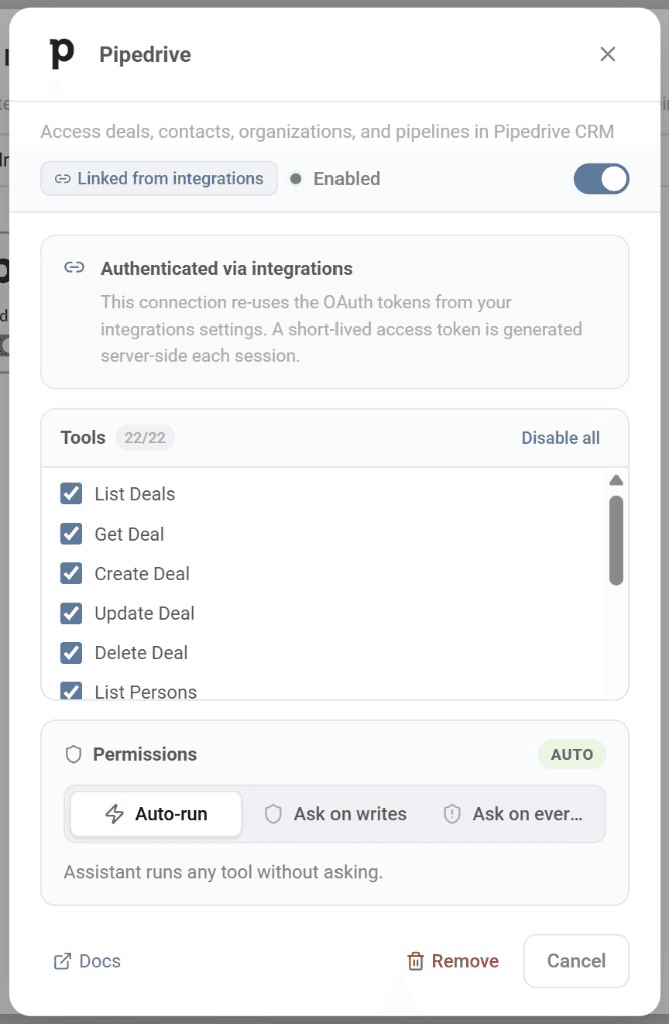 Pipedrive MCP integration showing 22 tools and permissions