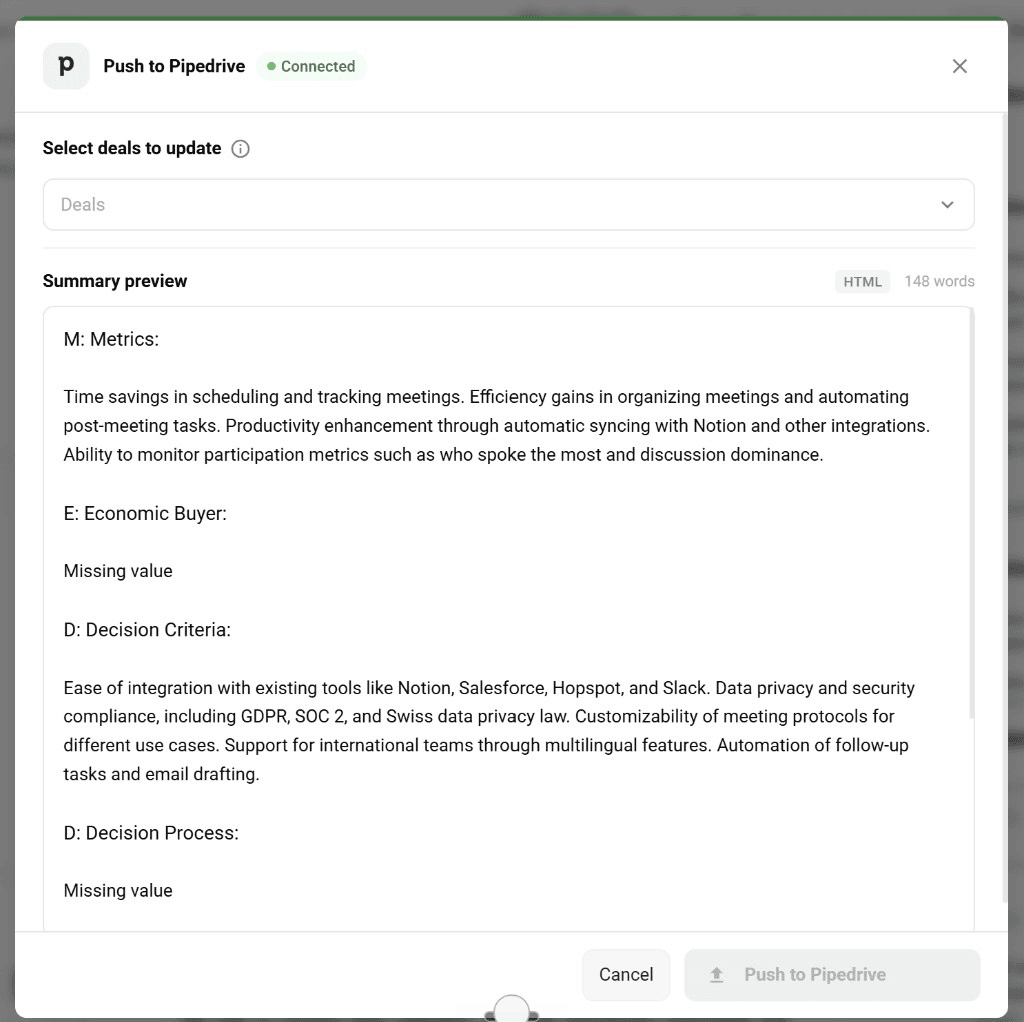 Push to Pipedrive dialog showing deal selection and summary preview