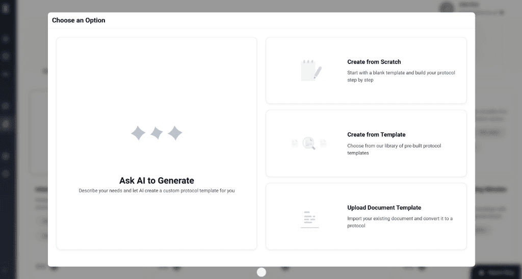 Creation options: Ask AI to Generate, Create from Scratch, Create from Template, or Upload Document Template