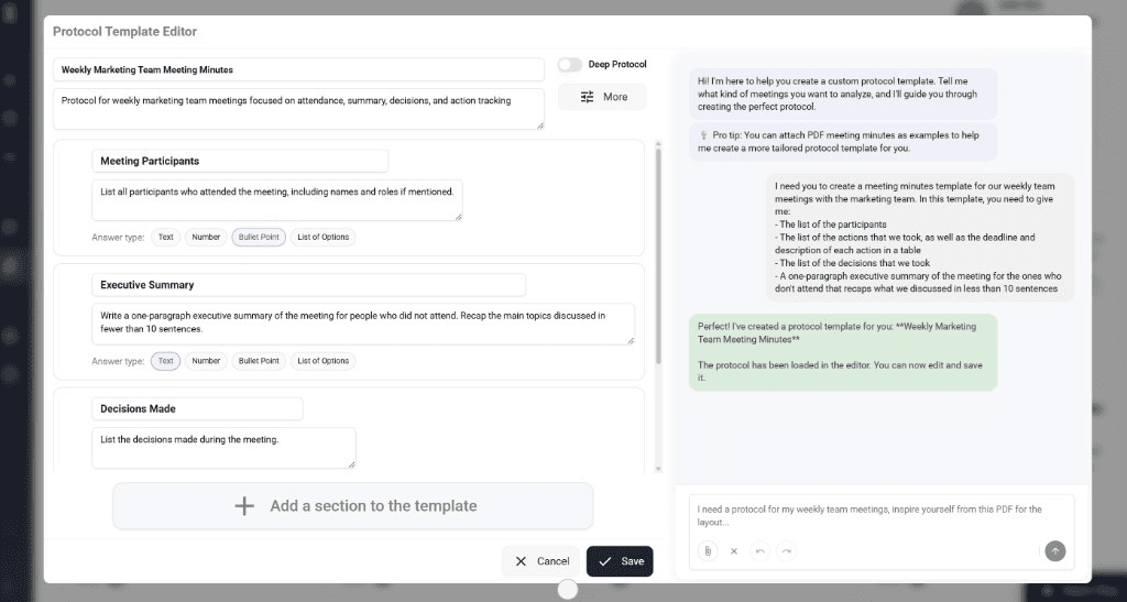 The Protocol Template Editor showing a generated protocol with sections, instructions, and output type selectors. The AI assistant remains available on the right side for further modifications using natural language.