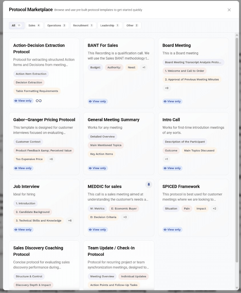 Protocol Marketplace showing available templates organized by category: All, Sales, Operations, Recruitment, Leadership, Other