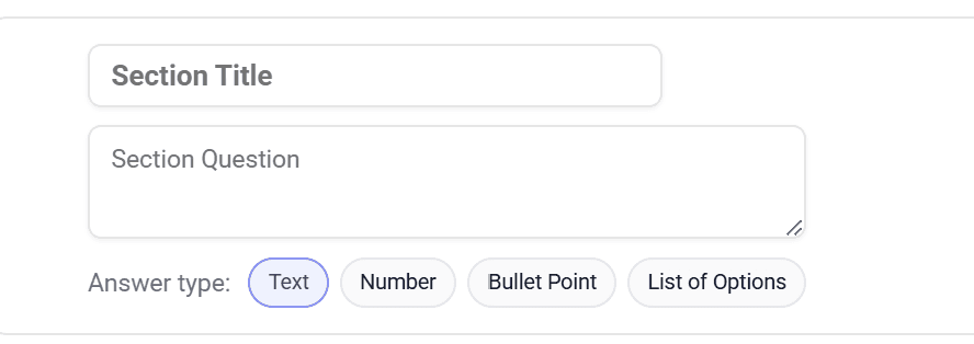 A section in the Protocol Editor showing the Section Title, Section Question (instructions), and Answer type selector with Text, Number, Bullet Point, and List of Options