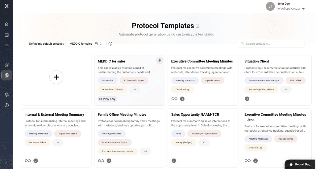Protocol Templates page in Optiverse