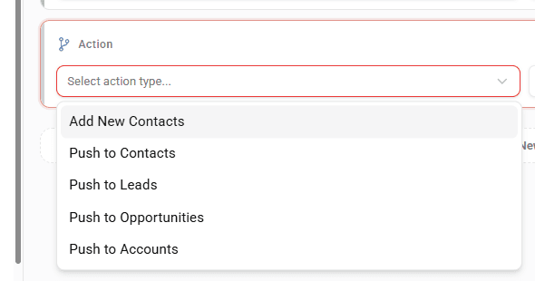 Action type dropdown showing all available options