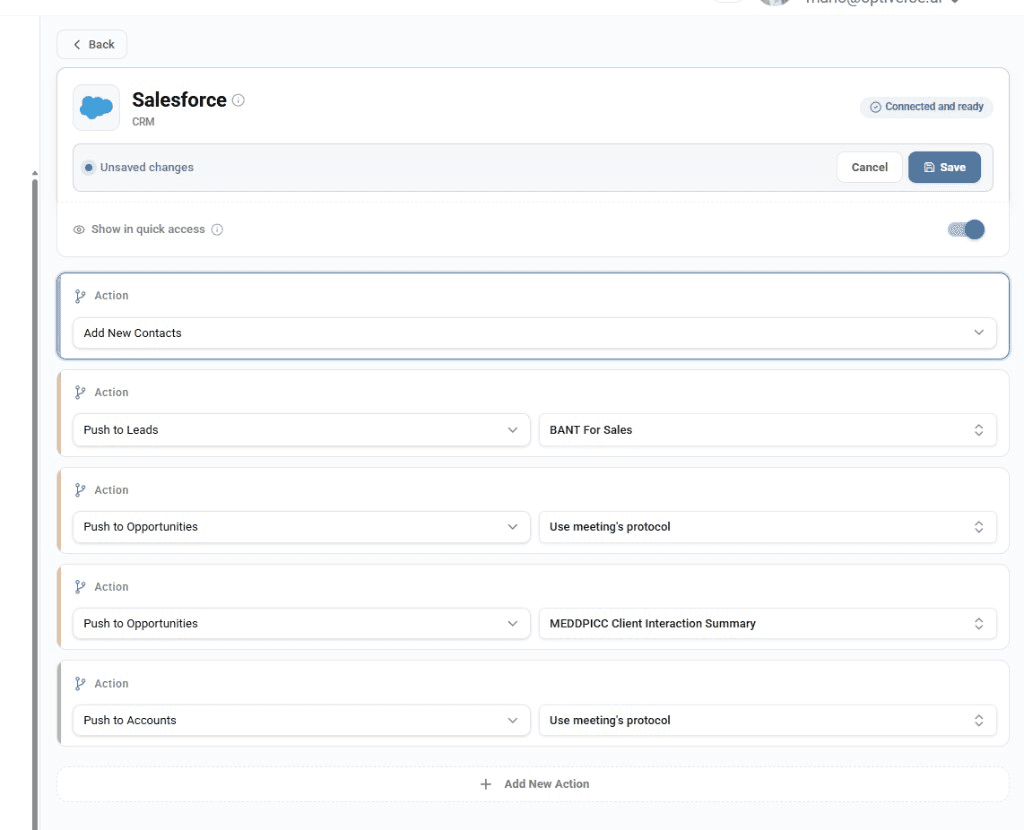 Salesforce connected settings showing multiple configured actions