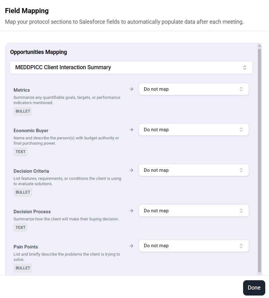 Field Mapping popup showing protocol sections mapped to Salesforce opportunity fields
