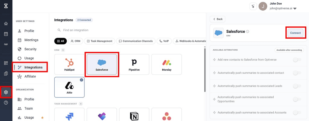 Salesforce integration page showing the Connect button and available automations