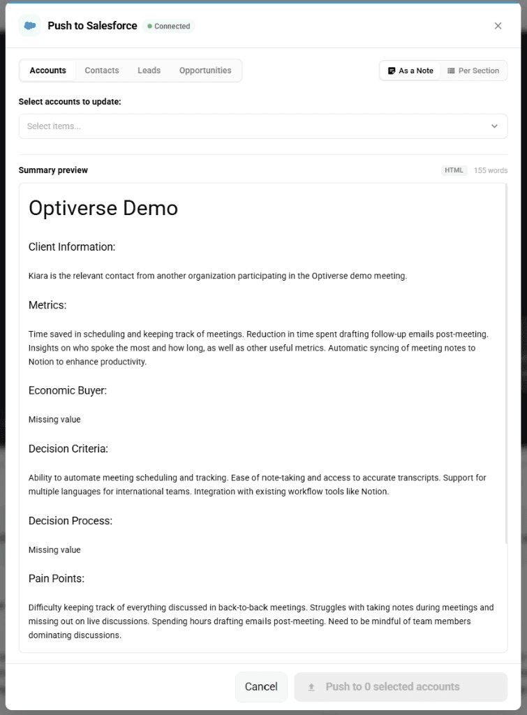 Push to Salesforce dialog with tabs for Accounts, Contacts, Leads, and Opportunities