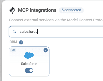 MCP Integrations popup showing Salesforce CRM option