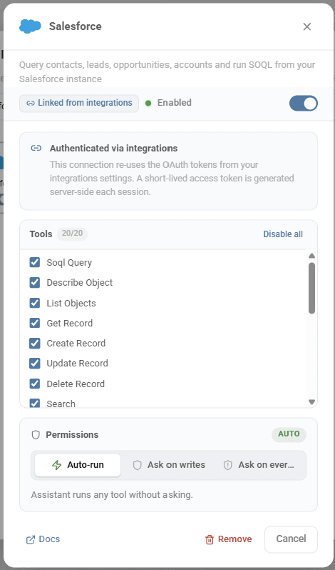 Salesforce MCP integration showing 20 tools and permissions