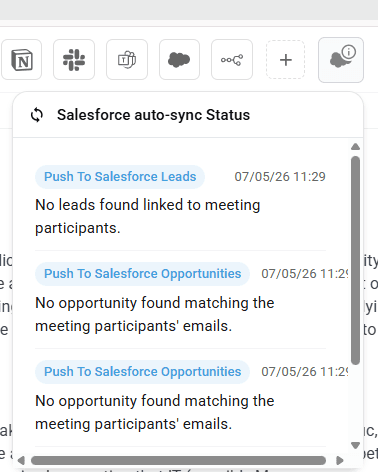 Salesforce auto-sync status showing push results for each action