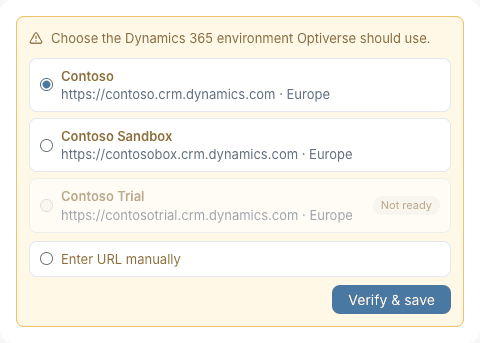 Dynamics 365 environment picker with ready and not ready environments, Enter URL manually, and Verify & save