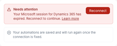 Needs attention banner with a Dynamics 365 connection error and the Reconnect action