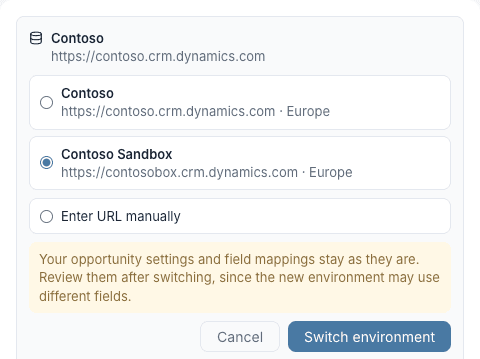 Switch environment confirmation, with the warning that saved settings should be reviewed