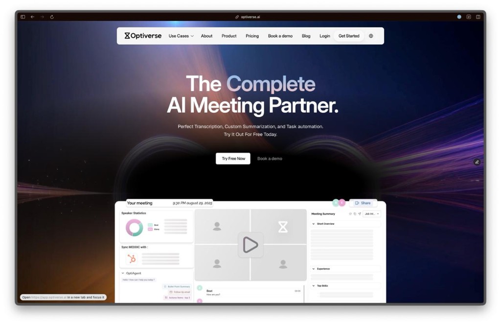 Optiverse website homepage with Get Started button