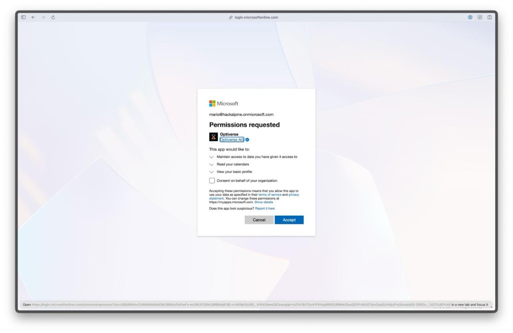 Microsoft Permissions requested dialog showing Consent on behalf of your organization checkbox unchecked