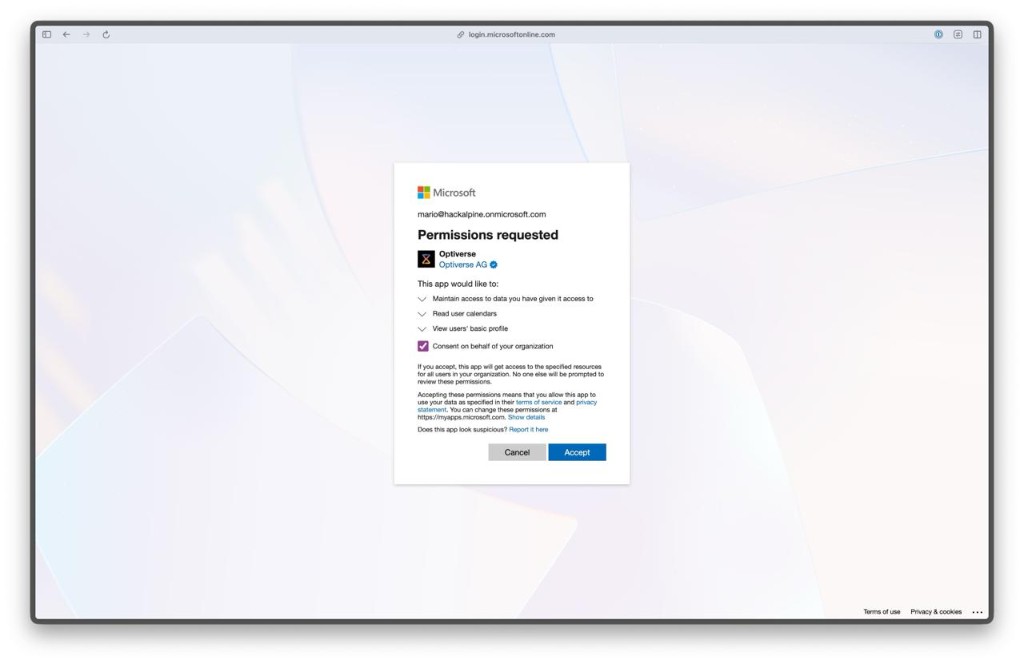 Microsoft Permissions requested dialog with Consent on behalf of your organization checked and Accept button highlighted