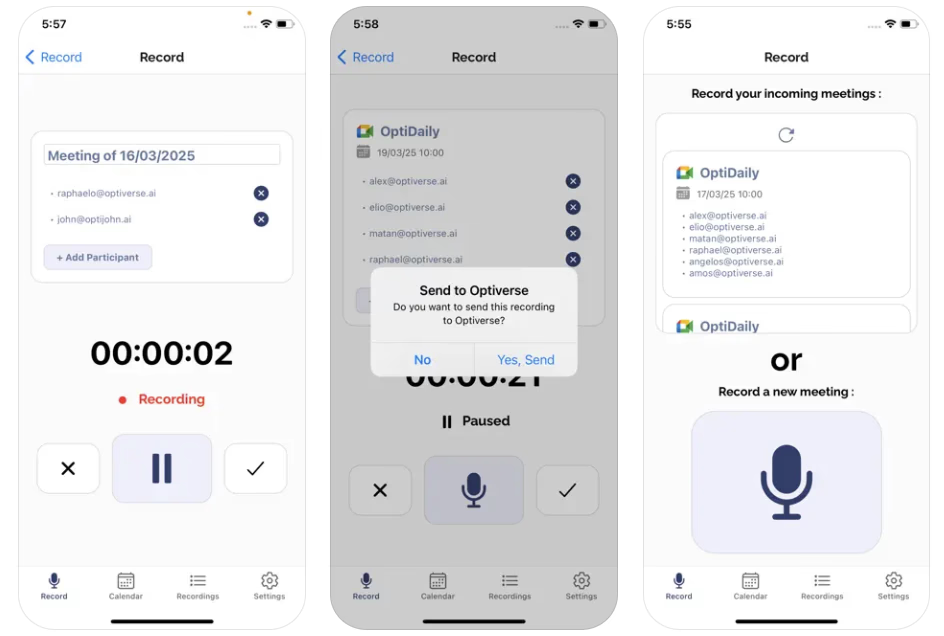 Three states of the Optiverse mobile app: home screen with upcoming meetings, active recording with timer and controls, and Send to Optiverse confirmation dialog