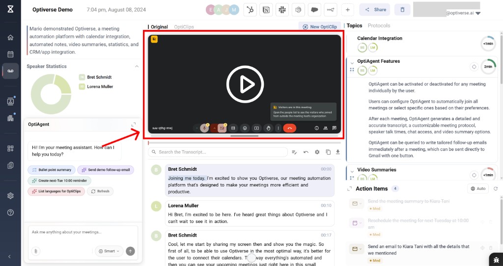 Meeting recording page with the video player area highlighted