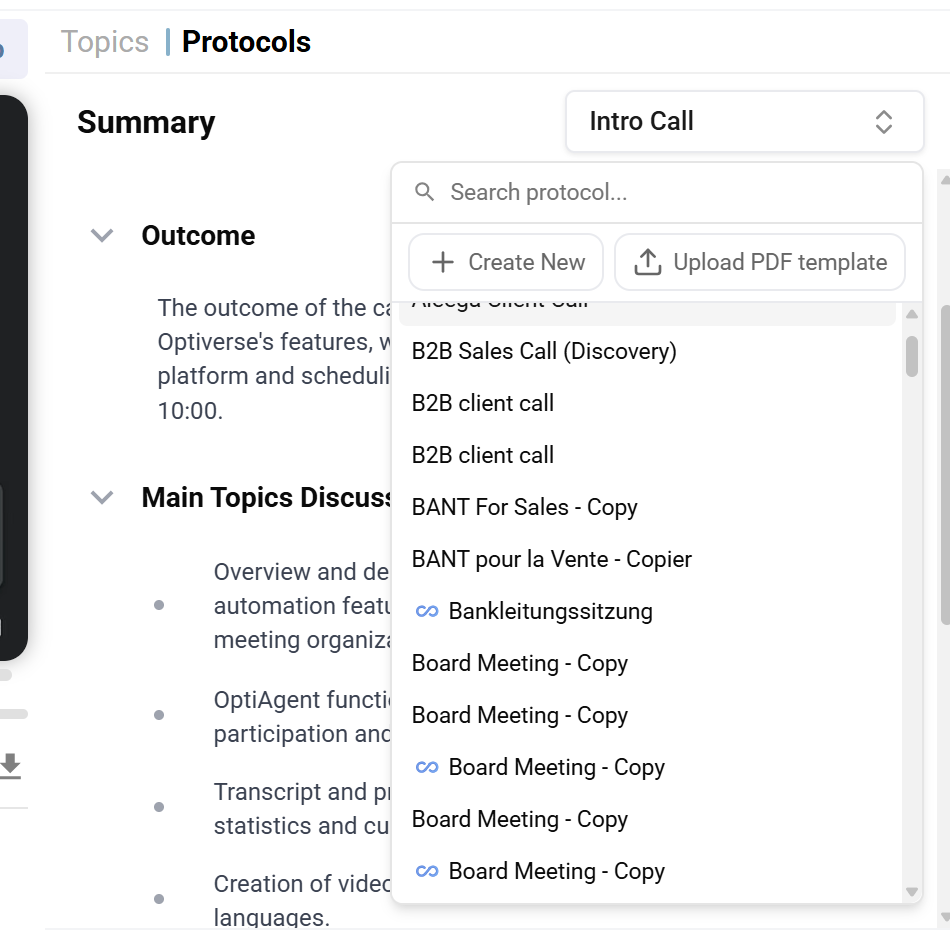 Protocol selector dropdown showing a search field, Create New and Upload PDF template buttons, and a list of available protocols