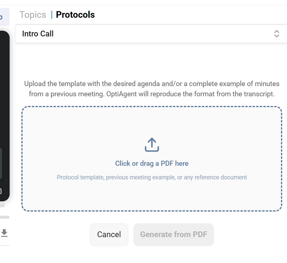 Upload PDF dialog showing a drag-and-drop area for protocol templates, previous meeting examples, or any reference document